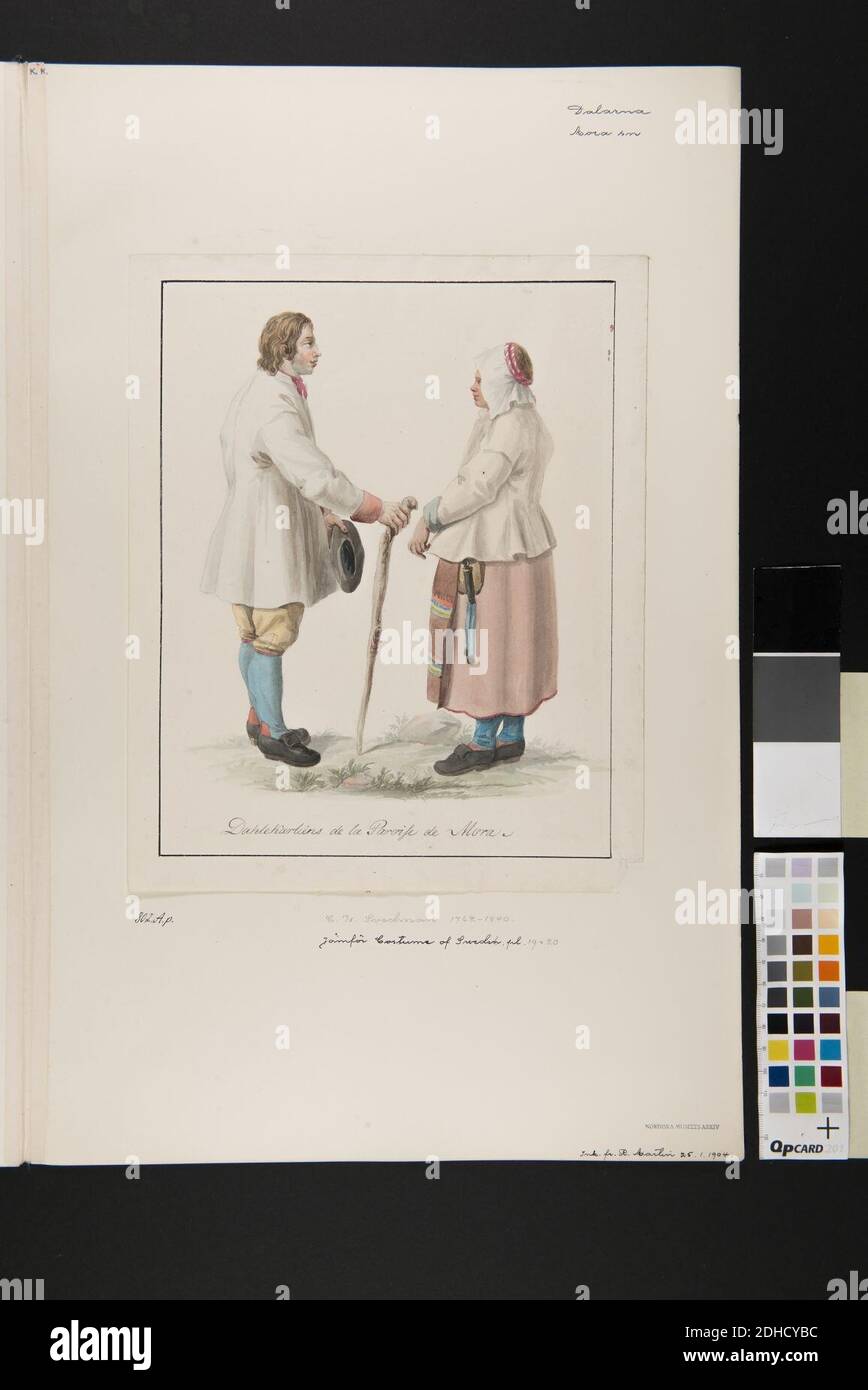 Kvinna och man med käpp. Akvarell av C.W. Swedman. Jfr Costume of Sweden Pl. 19 & 20 Stock Photo