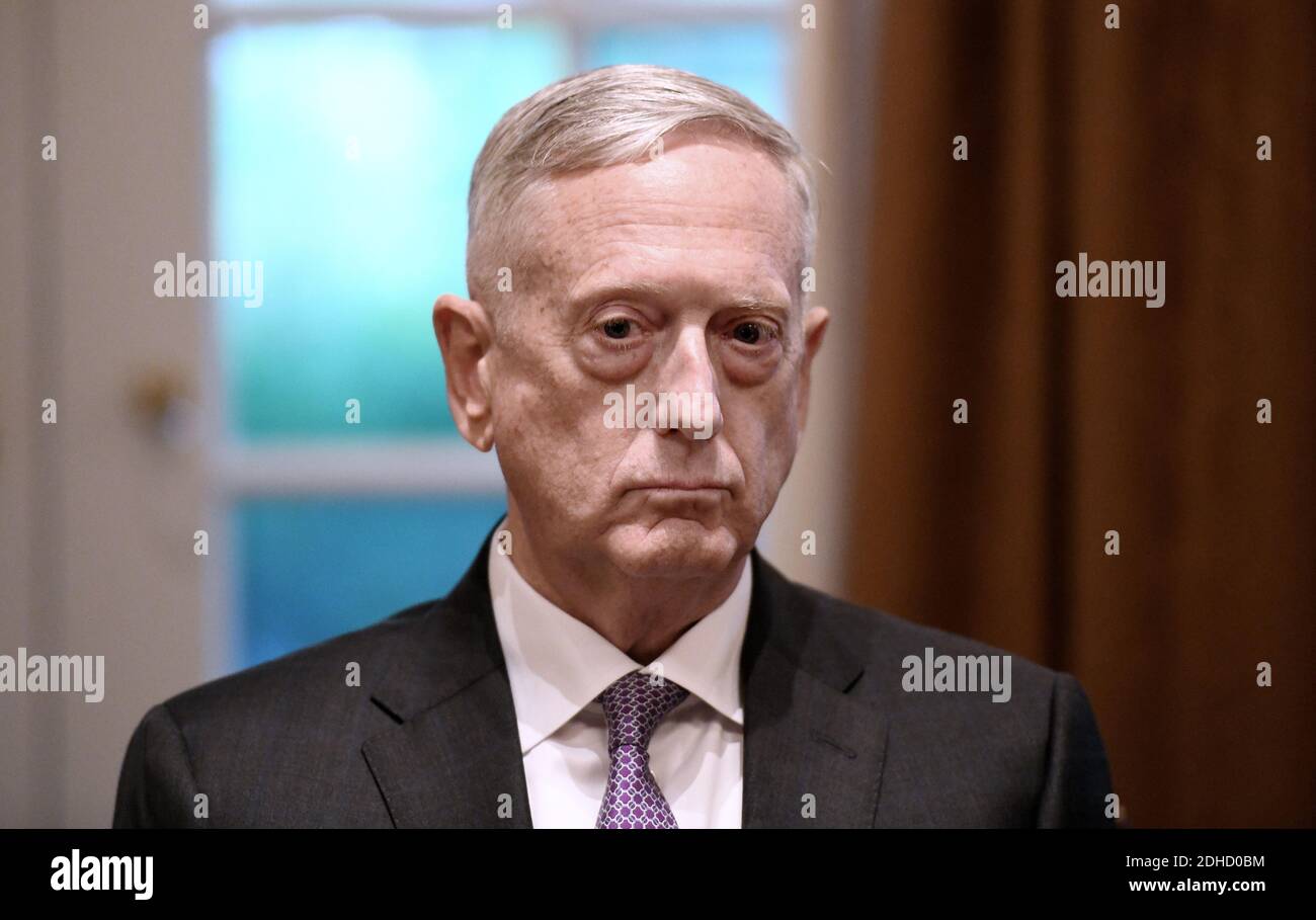 Defense Secretary Jim Mattis participates in a briefing with President Trump and Senior Military leaders in the Cabinet Room of the White House October 5, 2017 in Washington D.C. . Photo by Olivier Douliery/ Abaca Press Stock Photo