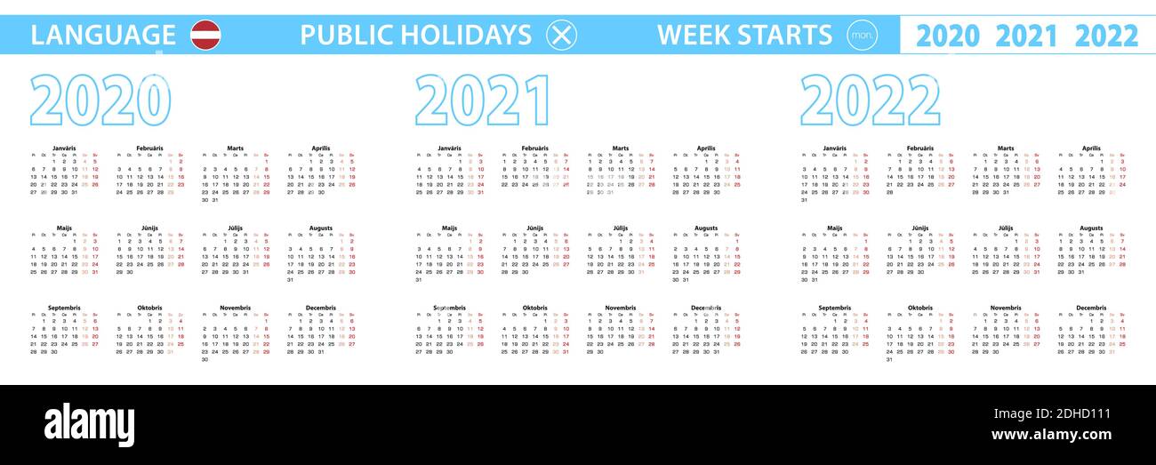 Simple calendar template in Latvian for 2020, 2021, 2022 years. Week ...