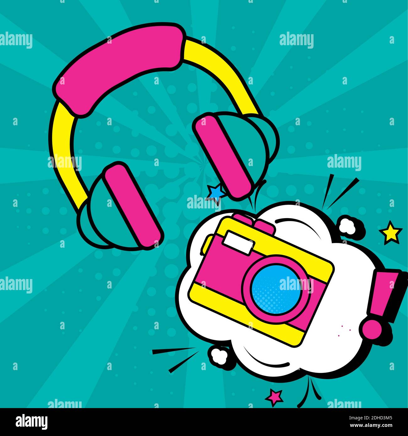 pop art camera and headphone design of retro expression comic theme