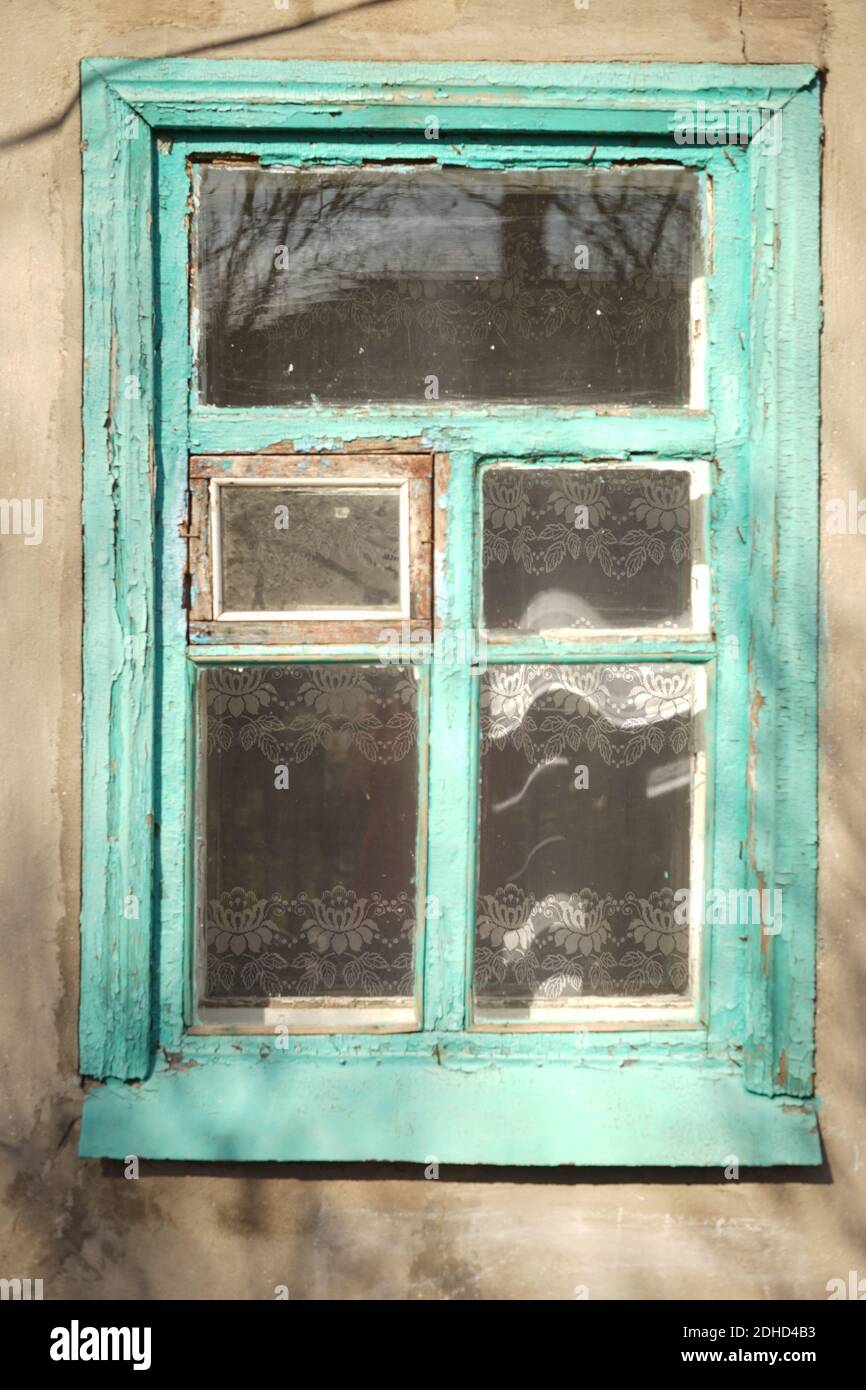 old window with tulle and wood frame with peeling paint Stock Photo - Alamy