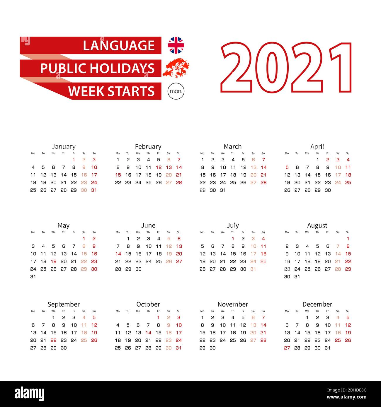 Calendar 2021 in English language with public holidays the country of ...