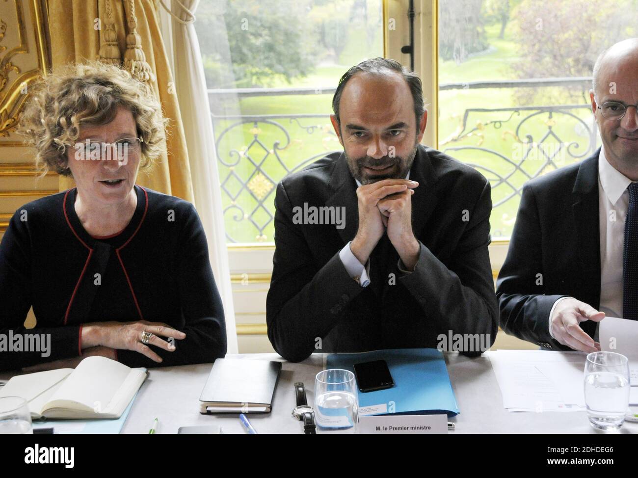 Secretary-National Verveine Angeli (Union Syndicale Solidaires) arrives for meeting French Prime Minister Edouard Philippe and French Labour Minister Muriel Penicaud on the new reform of unemployment insurance, vocational training and apprenticeship at the Hotel Matignon in Paris, France on October 17, 2017. Photo by Alain Apaydin/ABACAPRESS.COM Stock Photo