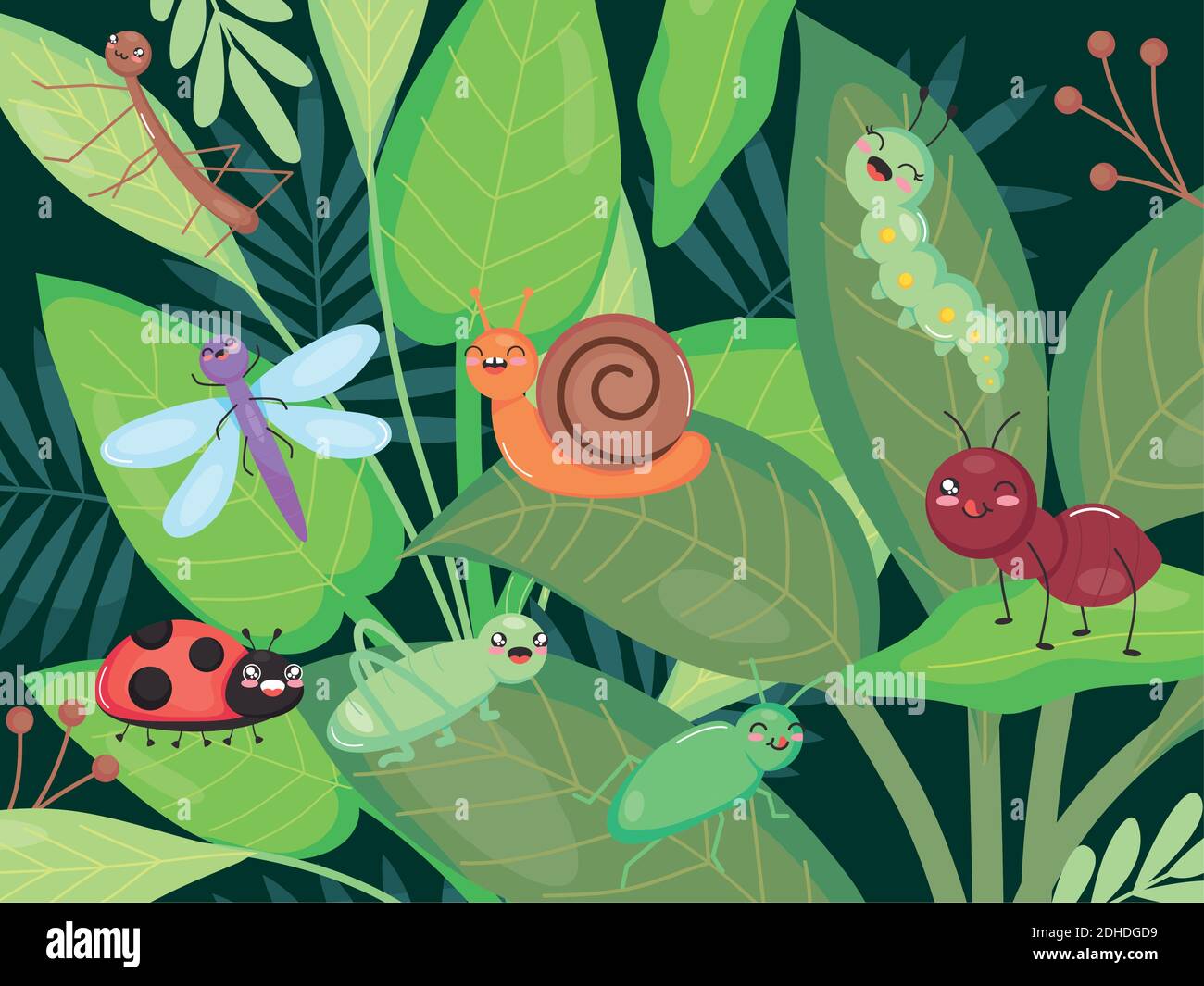 cute insects standing on leaves over white background, colorful design, vector illustration Stock Vector