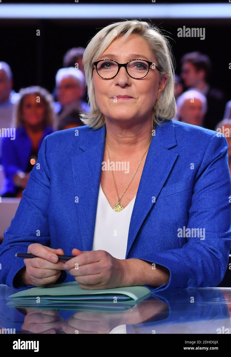 Head of the far-right Front national party Marine Le Pen on the political  TV show L'Emission Politique on October 19, 2017 on a set of French TV  France 2 in Paris, France.