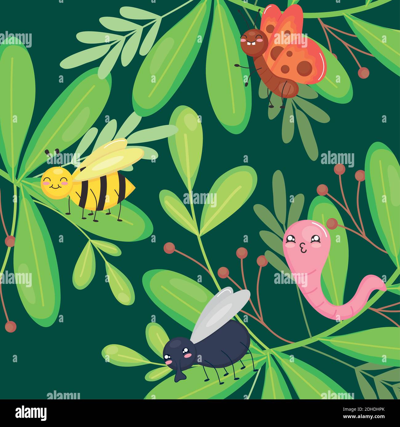 green leaves with cute insects over green background, colorful design ...