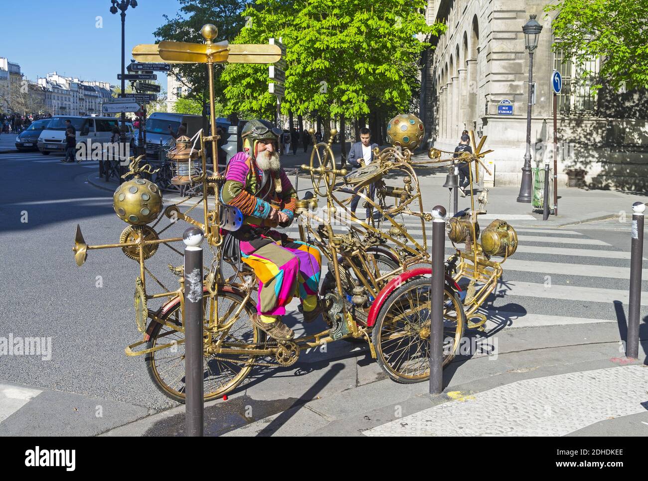 Attraction for tourists: a fantastic steampunk car and its pilot. Stock Photo