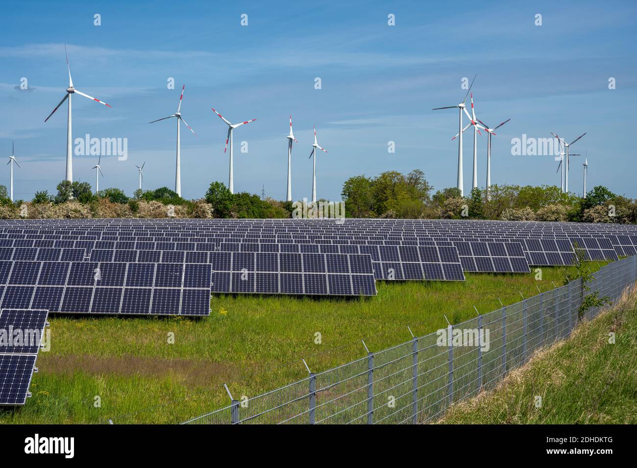 Solar energy panels with wind turbines in the back seen in Germany Stock Photo