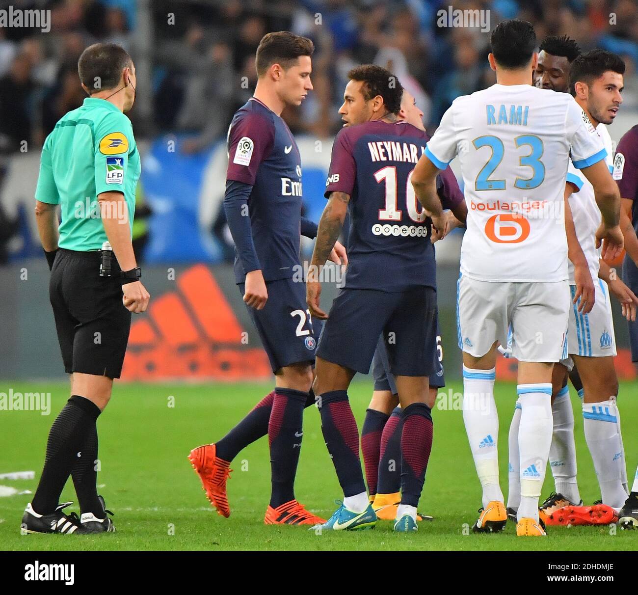 Paris Saint-Germain's Neymar Jr gets a red card during the French Ligue 1  Olympique de Marseille (OM) v Paris Saint-Germain (PSG) football match on  October 22, 2017, at the Velodrome Stadium in