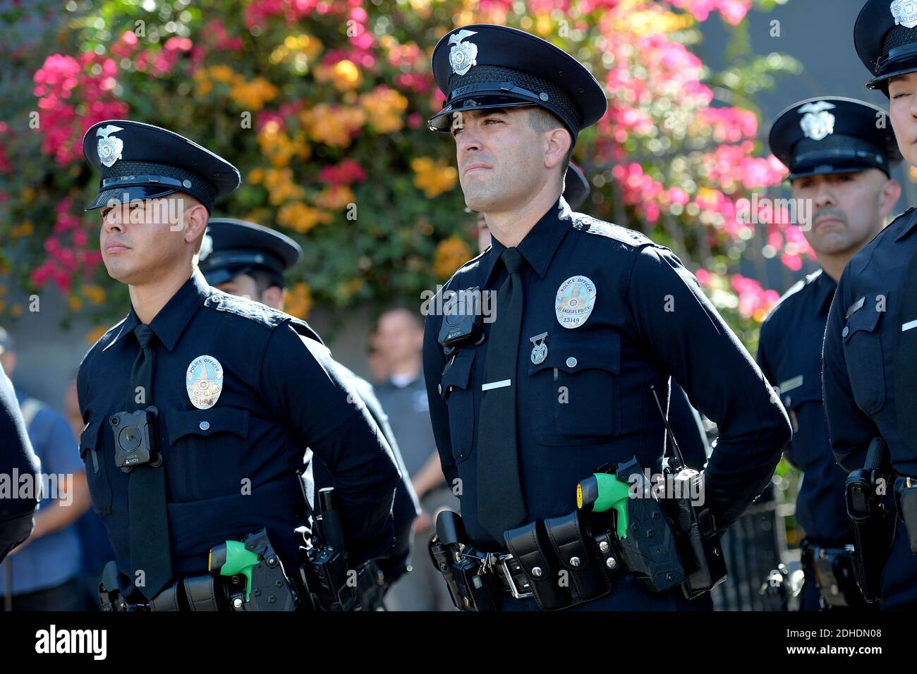 The unveiling ceremony of the LAPD Hollywood star honring the Los Angeles Police Department Hollywood Division fallen police officers. The fallen officers are: Policeman Clyde Pritchett (1936), Policeman Clay N. Hunt (1955), Policeman Ian J. Campbell (1963), Police Officer Robert J. Cote (1969), Detective Russell L. Kuster (1990), Police Officer Joe Rios (1993), Police Officer Charles D. Heim (1994) and Police Officer Nicholas Lee (2014). October 23, 2017 in Los Angeles, California. Photo by Lionel Hahn/AbacaPress.com Stock Photo