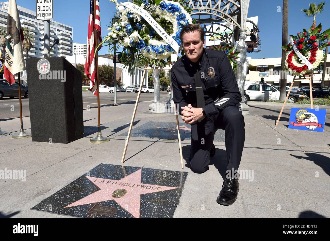 Cory Palka Captain III Hollywood Division attends the unveiling ceremony of the LAPD Hollywood star honring the Los Angeles Police Department Hollywood Division fallen police officers. The fallen officers are: Policeman Clyde Pritchett (1936), Policeman Clay N. Hunt (1955), Policeman Ian J. Campbell (1963), Police Officer Robert J. Cote (1969), Detective Russell L. Kuster (1990), Police Officer Joe Rios (1993), Police Officer Charles D. Heim (1994) and Police Officer Nicholas Lee (2014). October 23, 2017 in Los Angeles, California. Photo by Lionel Hahn/AbacaPress.com Stock Photo