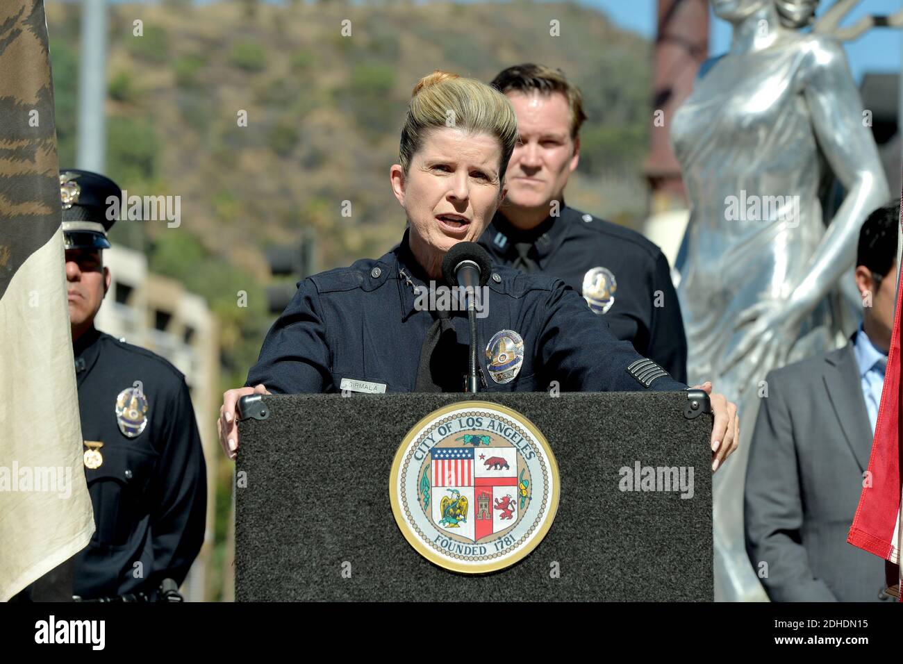 LAPD assistant Chief Beatrice Girmala attends the unveiling ceremony of the LAPD Hollywood star honring the Los Angeles Police Department Hollywood Division fallen police officers. The fallen officers are: Policeman Clyde Pritchett (1936), Policeman Clay N. Hunt (1955), Policeman Ian J. Campbell (1963), Police Officer Robert J. Cote (1969), Detective Russell L. Kuster (1990), Police Officer Joe Rios (1993), Police Officer Charles D. Heim (1994) and Police Officer Nicholas Lee (2014). October 23, 2017 in Los Angeles, California. Photo by Lionel Hahn/AbacaPress.com Stock Photo