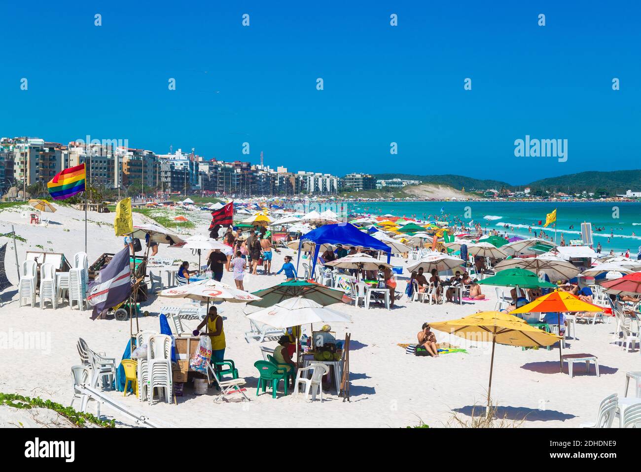 CABO FRIO, RIO DE JANEIRO, BRAZIL - DECEMBER 26, 2019: Panoramic view of Praia do Forte beach in the town. White sand, clear and transparent water of Stock Photo