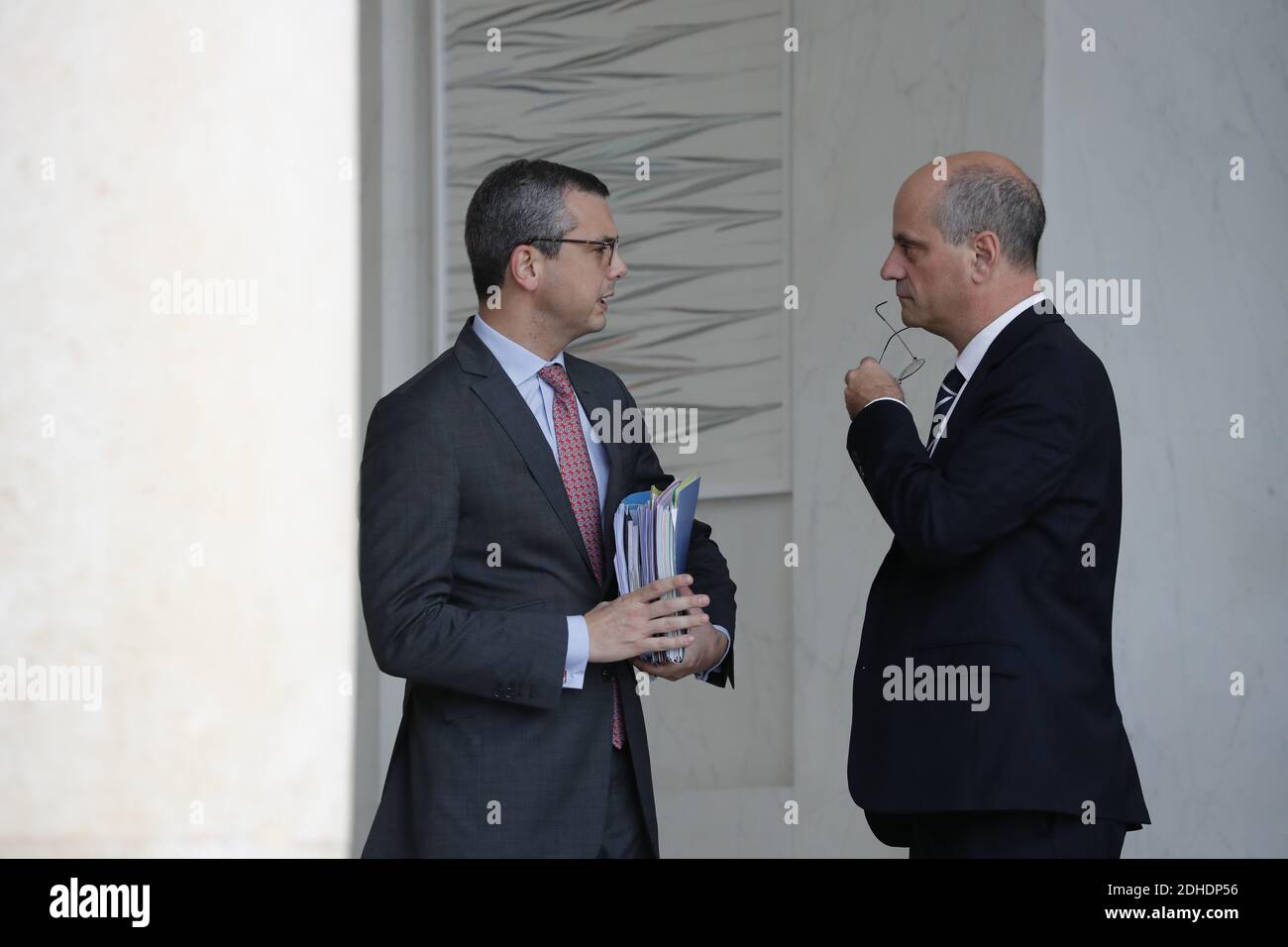 General-Secretary of the Presidency Alexis Kohler and Minister of National  Education Jean-Michel Blanquer leaving the weekly Cabinet meeting in Palais  de l'Elysee, Paris, France on October 25th, 2017. Photo by Henri  Szwarc/ABACAPRESS.COM