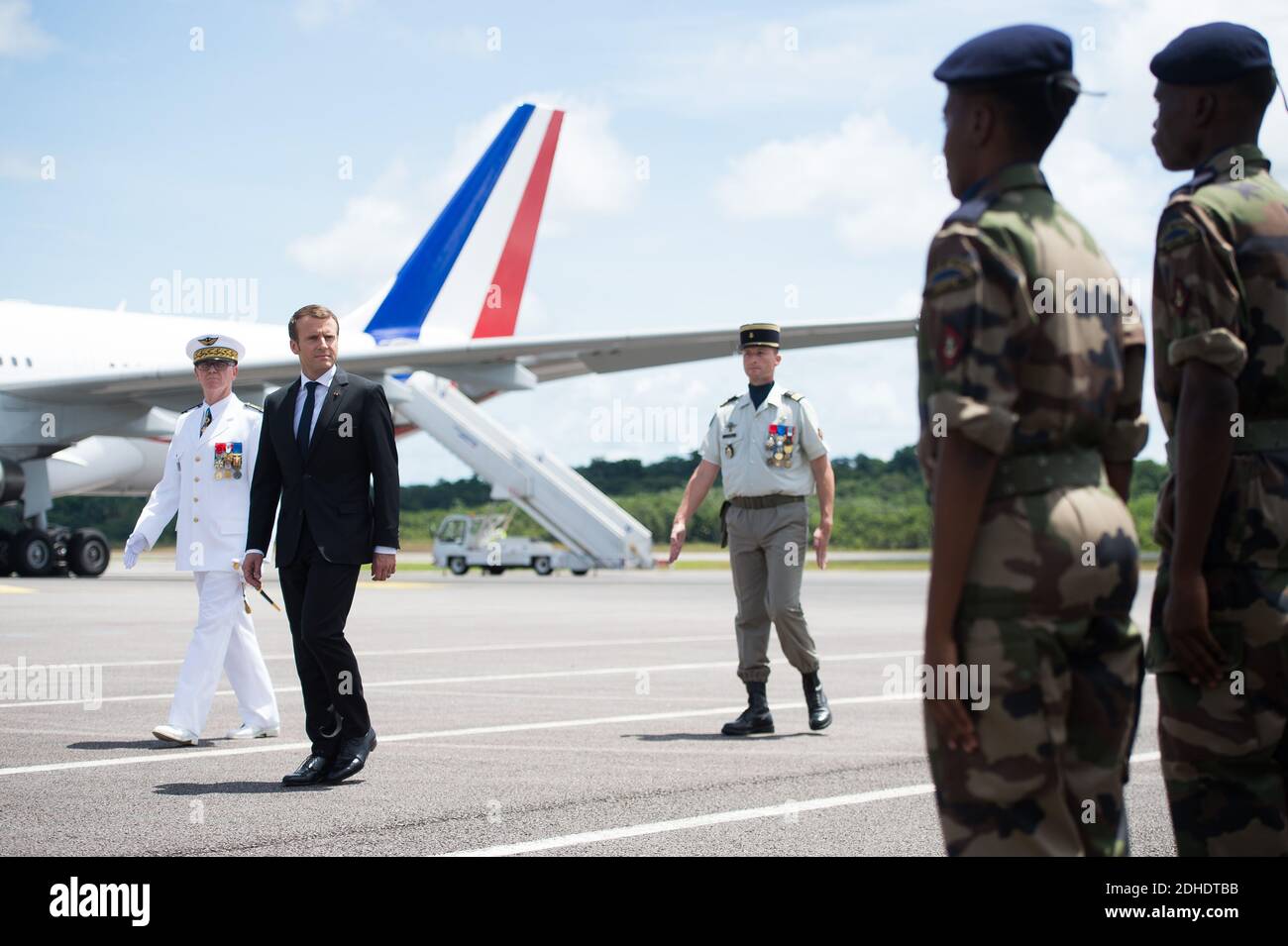 French President Emmanuel Macron, with french republic plane, arrives