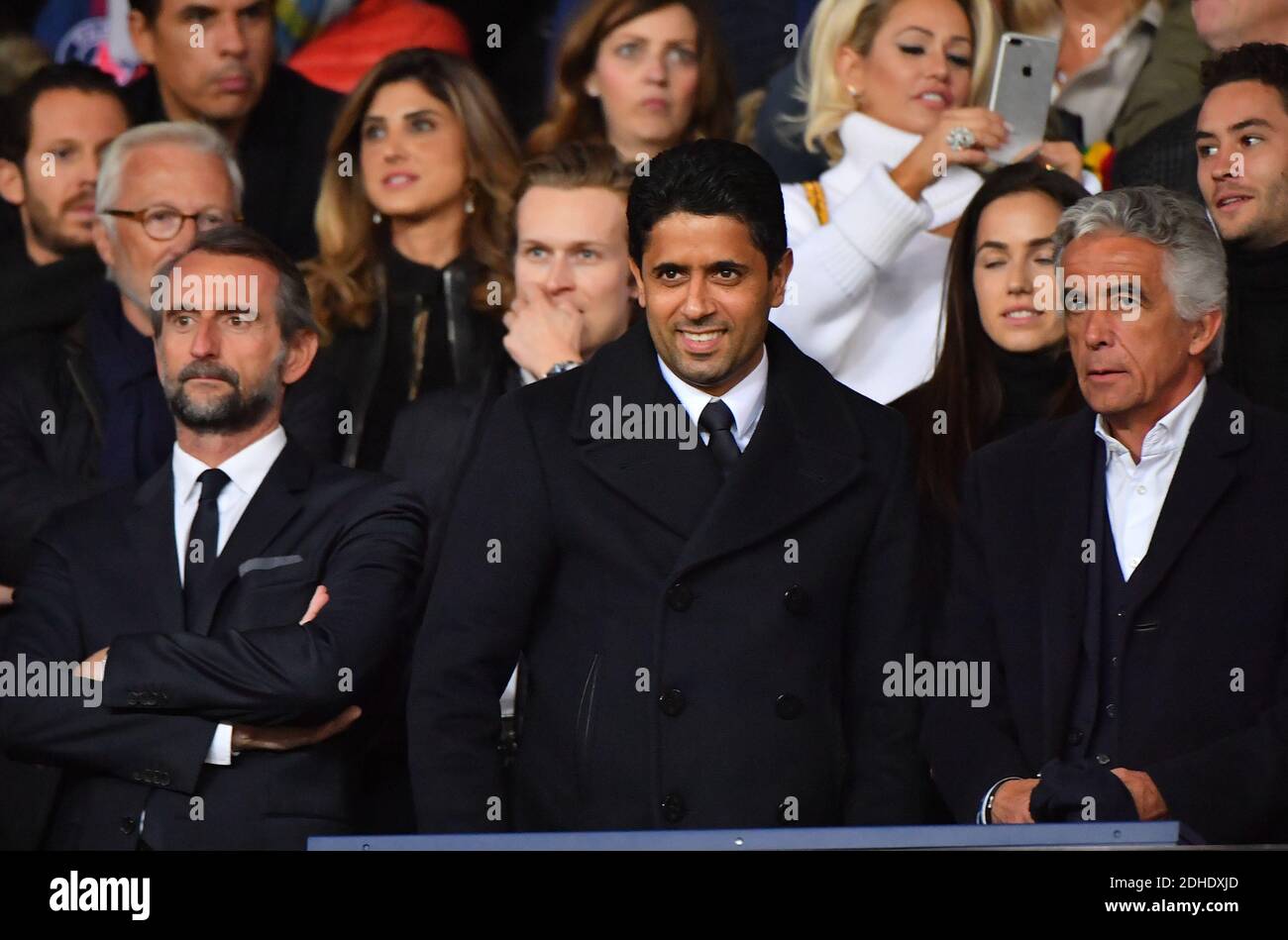 Nasser Al-Khelaifi and Jean-Pierre Riviere during the French First League  soccer match, PSG vs Nice on October 27, 2017, at the Parc des Princes  stadium in Paris, France. Photo by Christian Liewig/ABACAPRESS.COM