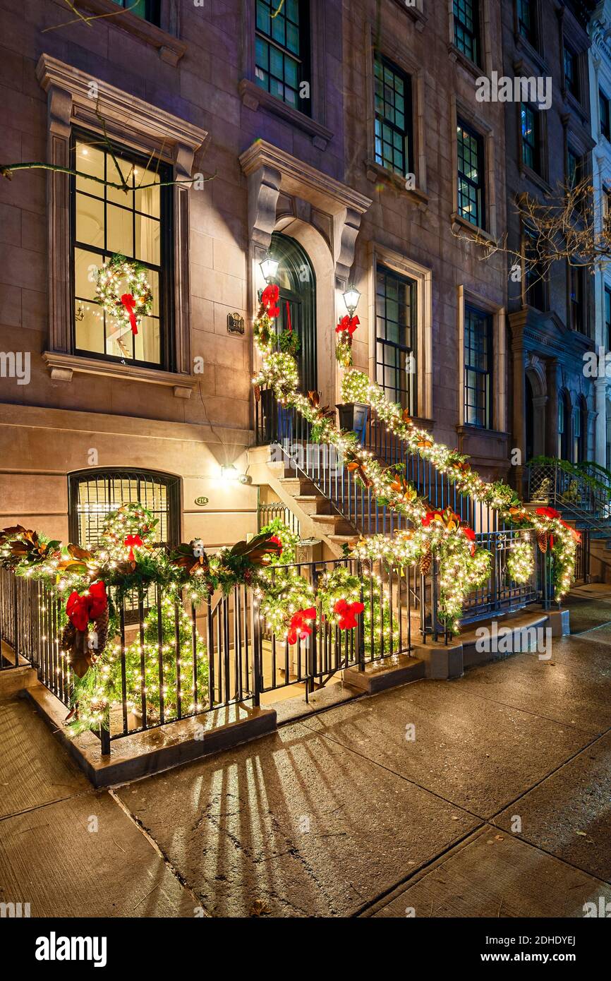 Christmas in New York Townhouse Decorations Stock Photo