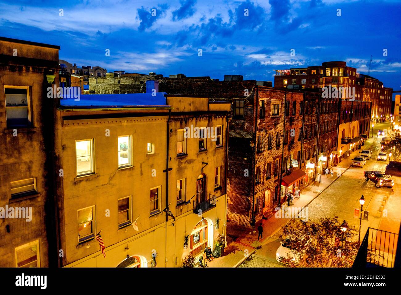 Brick buildings of historic downtown Savannah Georgia at dusk Stock