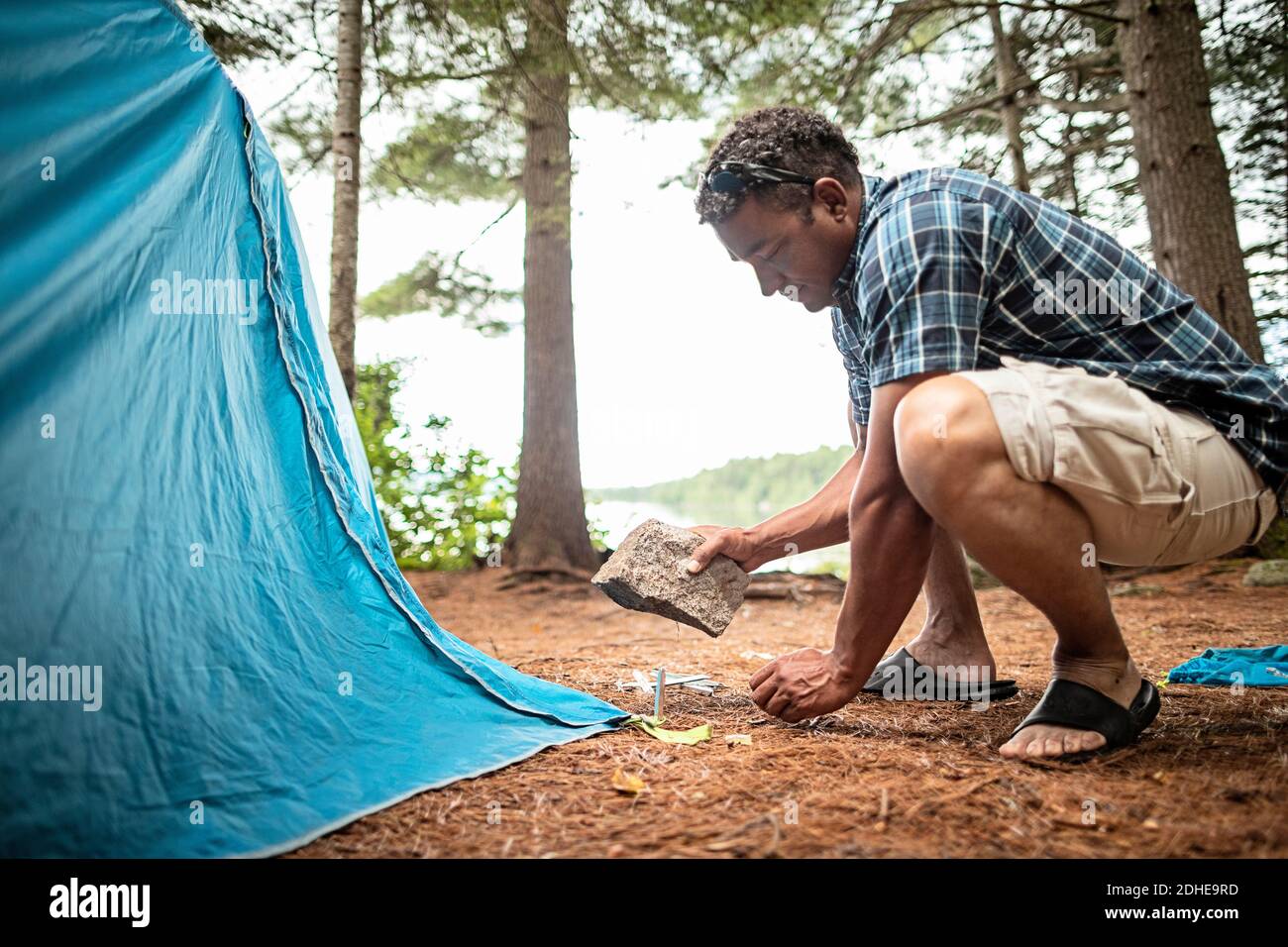 Black man hammer tent stake into ground while camping in woods Stock Photo