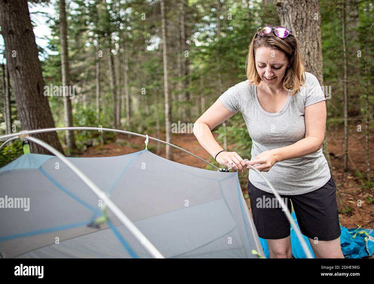 Young woman sets up tent while camping on Appalachian Trail, maine Stock Photo