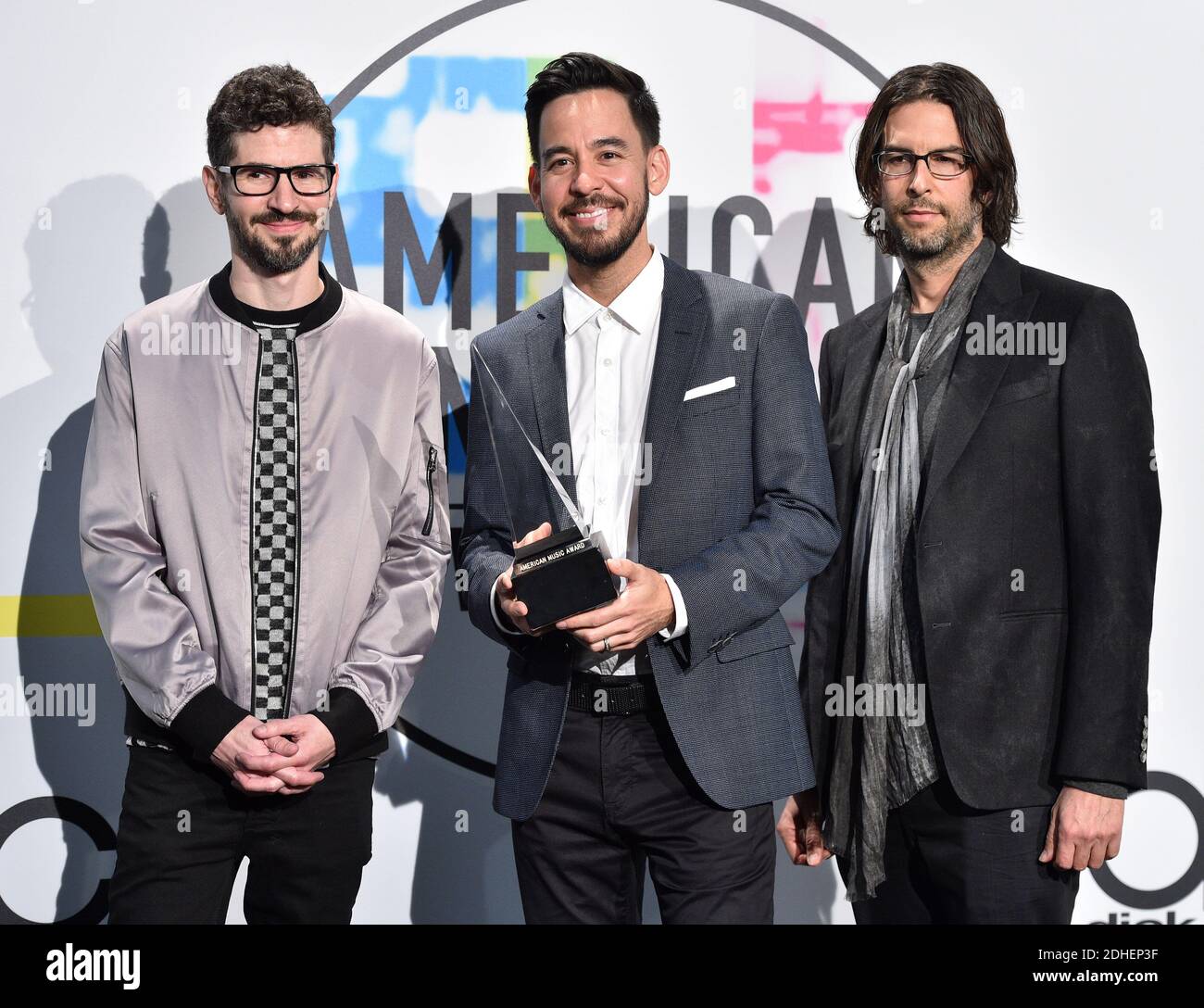 Brad Delson, Mike Shinoda, and Rob Bourdon of the band Linkin Park pose in the press room during the 2017 American Music Awards at Microsoft Theater on November 19, 2017 in Los Angeles, CA, USA. Photo by Lionel Hahn/ABACAPRESS.COM Stock Photo
