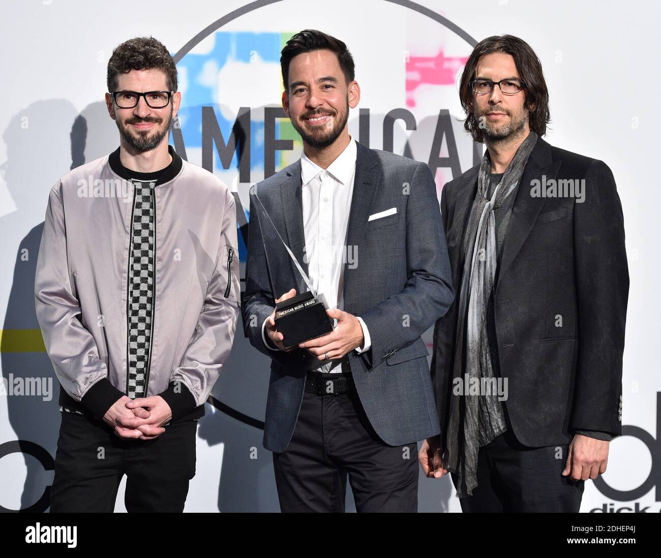 Brad Delson, Mike Shinoda, and Rob Bourdon of the band Linkin Park pose in the press room during the 2017 American Music Awards at Microsoft Theater on November 19, 2017 in Los Angeles, CA, USA. Photo by Lionel Hahn/ABACAPRESS.COM Stock Photo