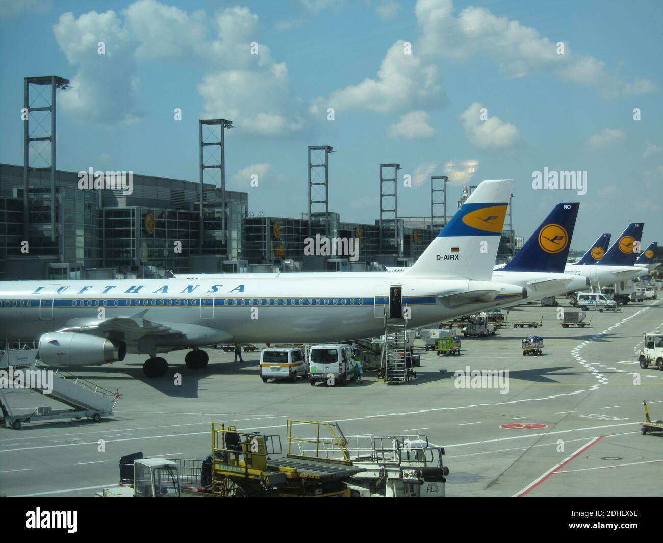 FRANKFURT, GERMANY - Jul 11, 2011: Frankfurt Airport, Terminal 1, Pier A. Fully utilized 2011. An aircraft with retro livery in front. Stock Photo