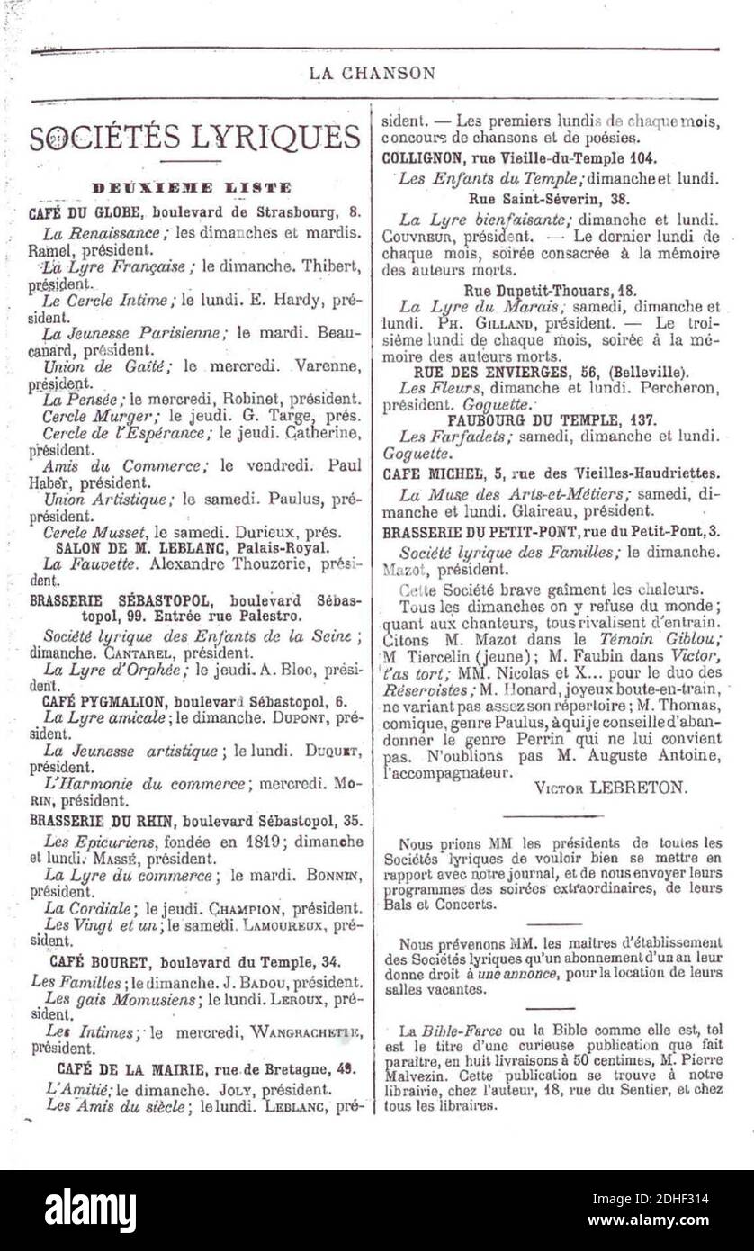 La Chanson, programme des goguettes, septembre 1878. Stock Photo