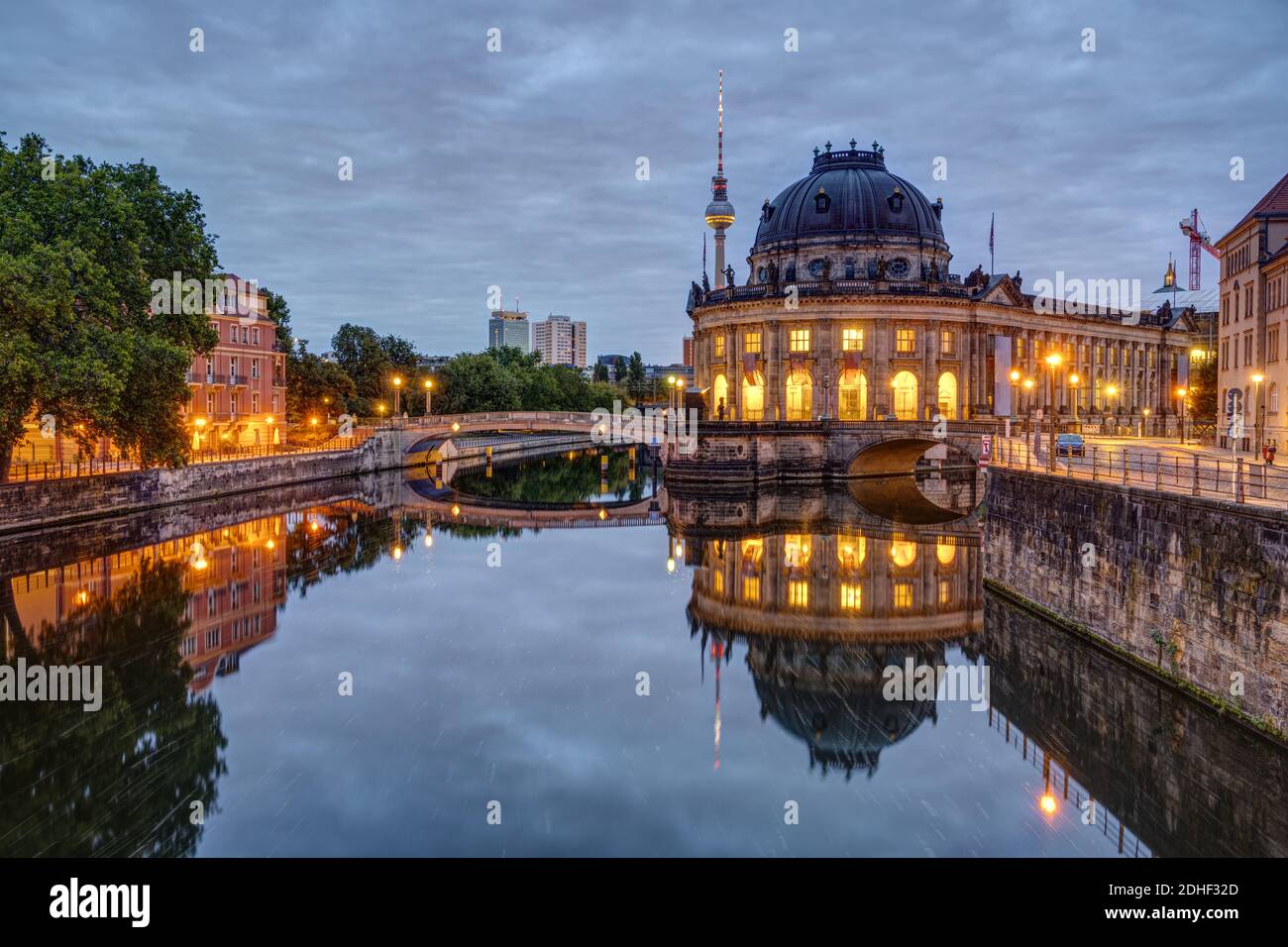 The Bode Museum and the Television Tower in Berlin on a cloudy morning Stock Photo