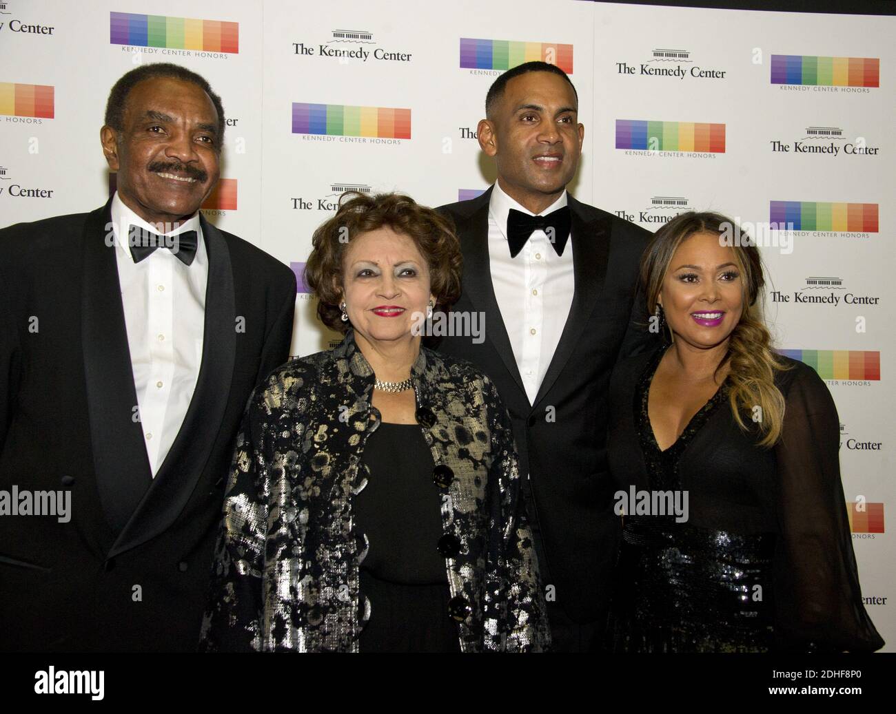 From left to right: Calvin Hill, wife Janet, Grant Hill and wife Tamia, arrive for the formal Artist's Dinner honoring the recipients of the 40th Annual Kennedy Center Honors hosted by United States Secretary of State Rex Tillerson at the US Department of State in Washington, DC, USA, on Saturday, December 2, 2017. The 2017 honorees are: American dancer and choreographer Carmen de Lavallade; Cuban American singer-songwriter and actress Gloria Estefan; American hip hop artist and entertainment icon LL COOL J; American television writer and producer Norman Lear; and American musician and record Stock Photo
