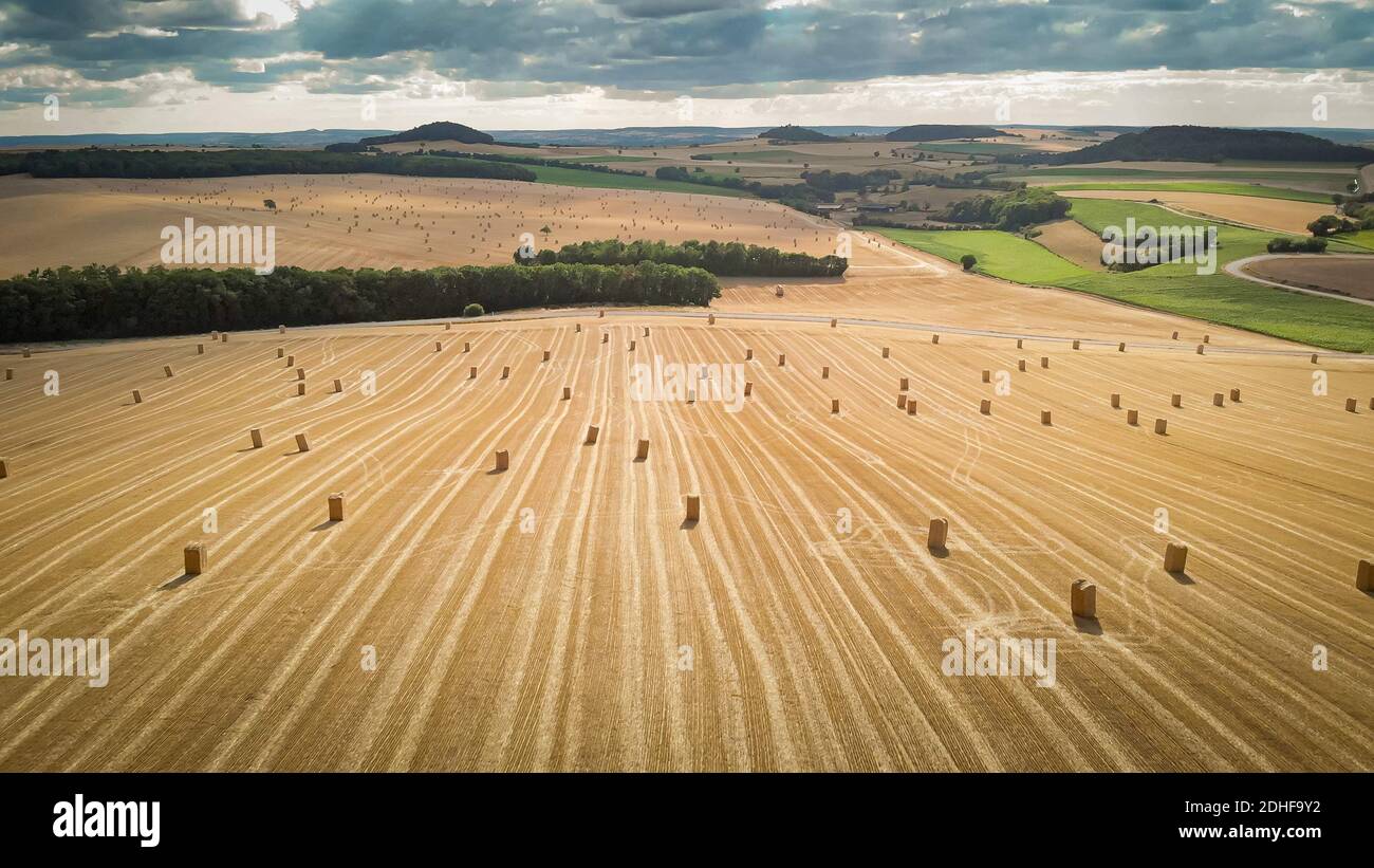 An agricultural field with hay bales under a cloudy sky Stock Photo - Alamy