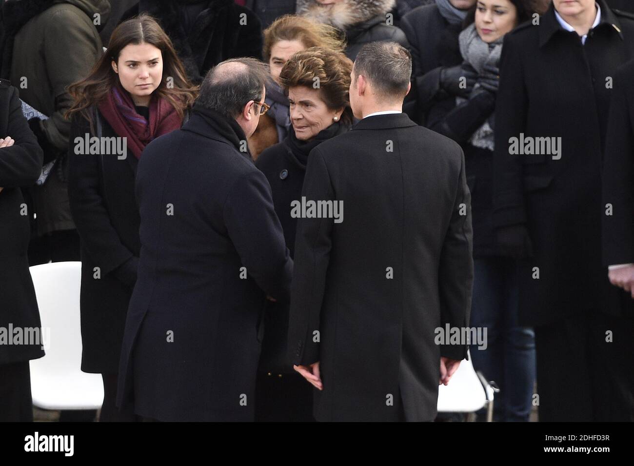 Former President Francois Hollande and Jean d'Ormesson's Wife Francoise  Beghin attending a National Tribute ceremony for late member of the  Academie Francaise Jean d'Ormesson at the Invalides in Paris, France on  December