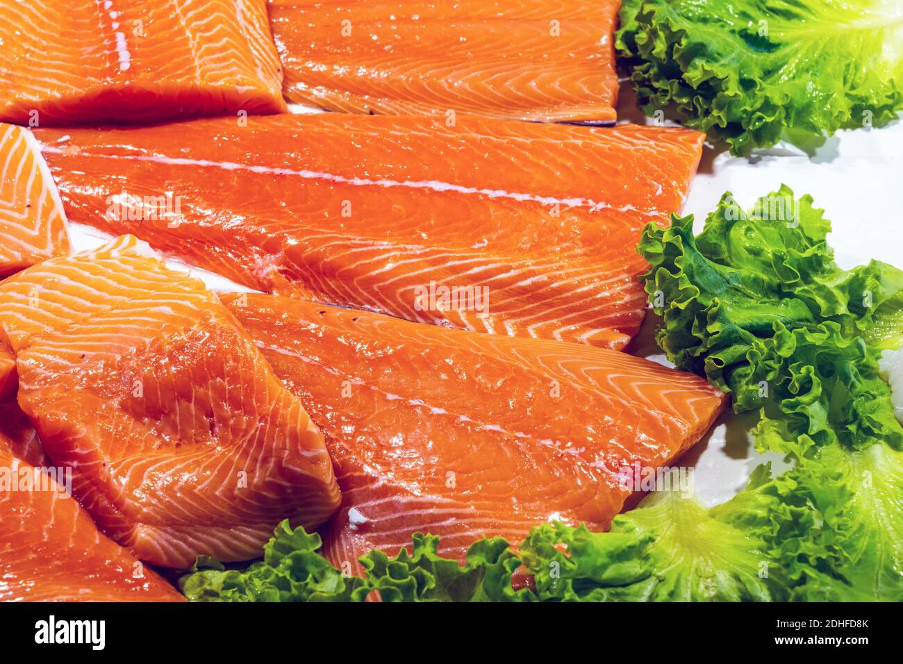 Fresh salmon fillet for sale at a market in Venice, Italy Stock Photo