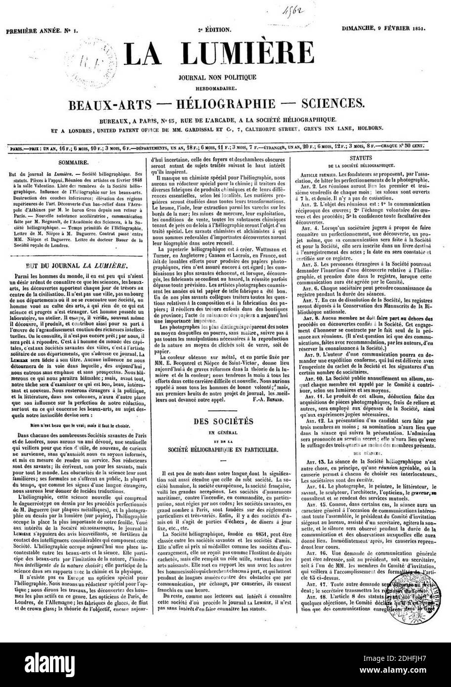 La Lumière 9 février 1851. Stock Photo