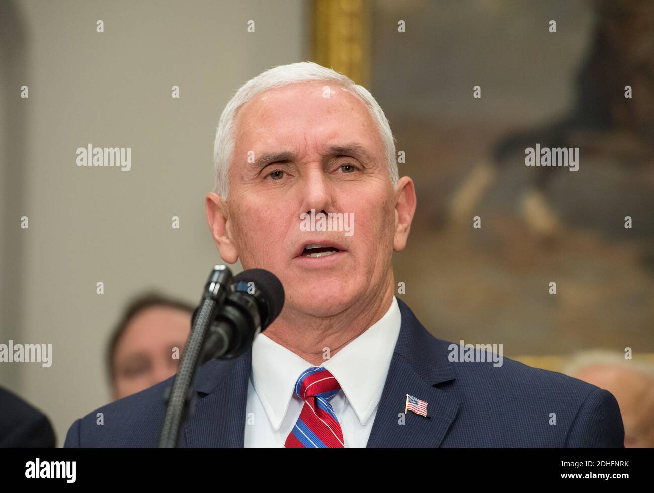 United States Vice President Mike Pence speaks before US President Donald J. Trump signs the Presidential Space Directive - 1, directing NASA to return to the moon, alongside members of the Senate, Congress, NASA, and commercial space companies in the Roosevelt Room of the White House in Washington, Monday, December 11, 2017.Mandatory Credit: Aubrey Gemignani / NASA via CNP /ABACAPRESS.COM Stock Photo