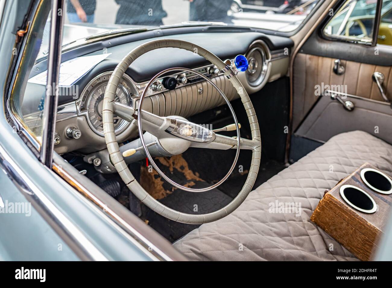 Tybee Island, GA - October 3, 2020: The 1953 Oldsmobile Super 88 sedan's unique steering wheel at a local car show. Stock Photo