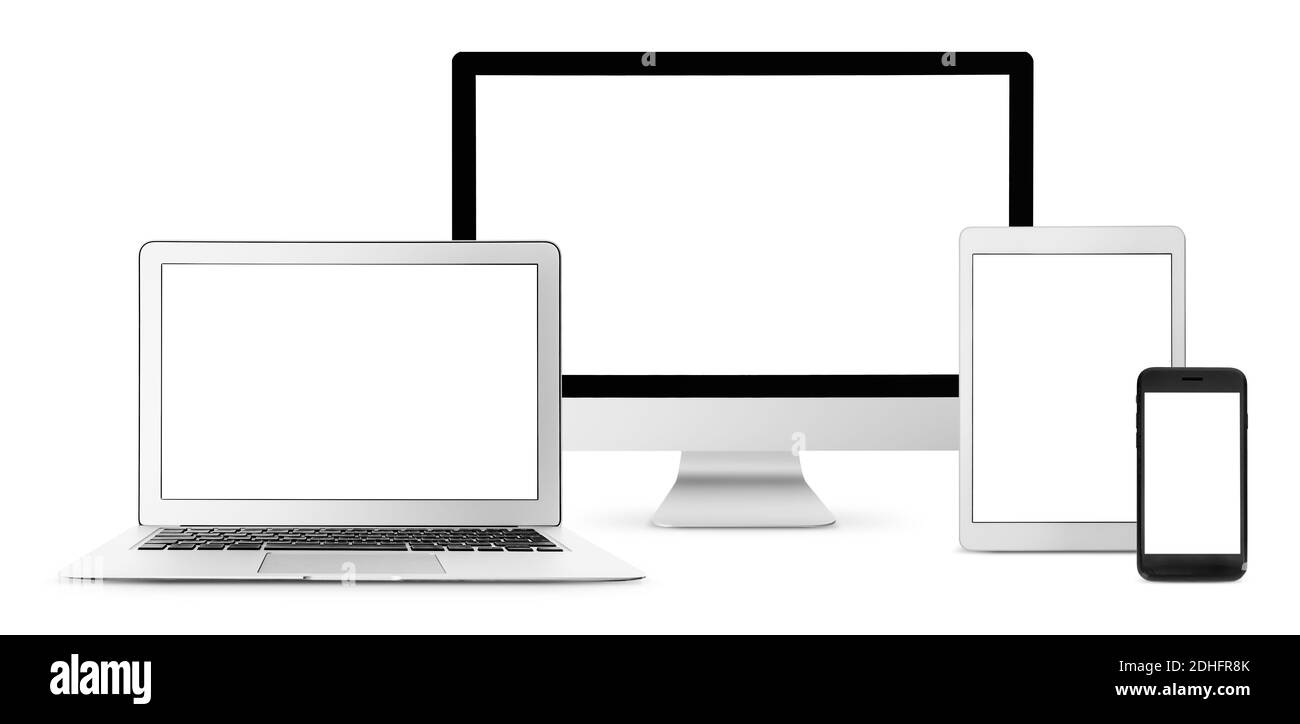 Set of modern devices with blank screens on white background Stock Photo