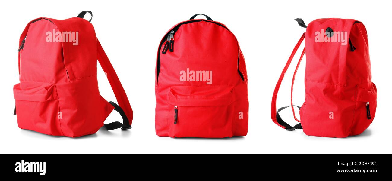 Set of red backpack on white background Stock Photo Alamy