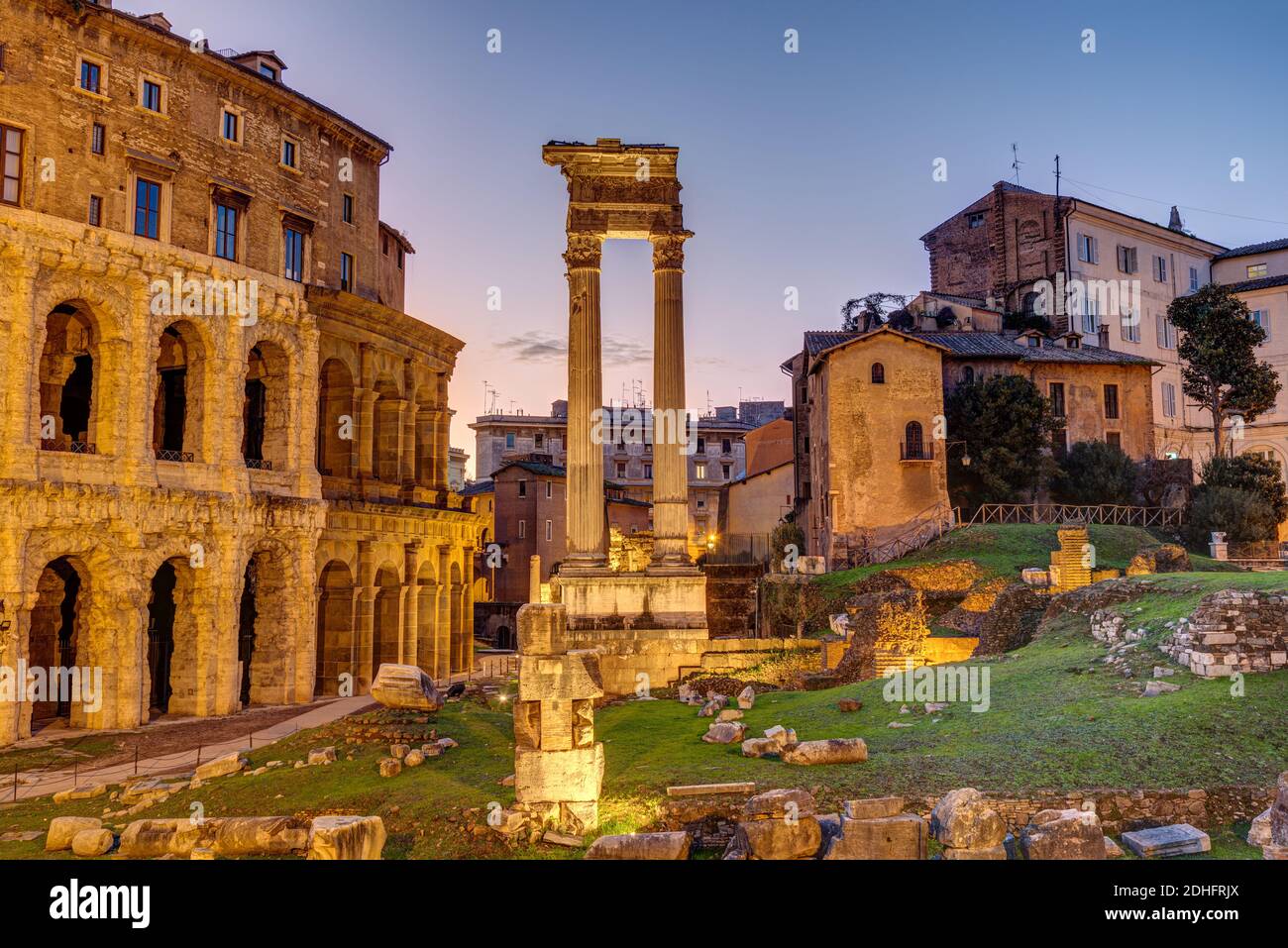 The Theatre of Marcellus and the Temple of Apollo Sosianus in Rome, Italy, after sunset Stock Photo