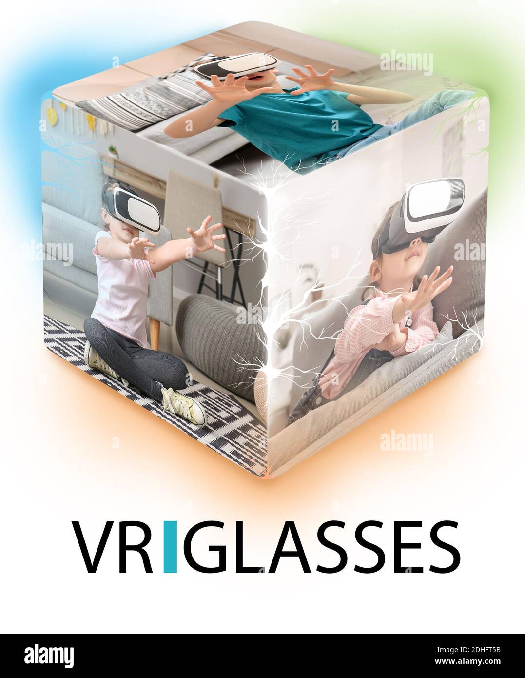 Cube with photos of children using VR glasses at home Stock Photo
