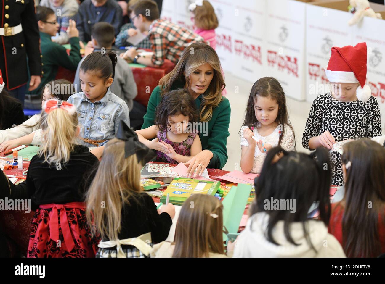 U.S. first lady Melania Trump helps to make christmas cards with military kids for the Marine Corps' Toys for Tots Campaign December 13, 2017 at Joint Base Anacostia-Bolling in Washington, DC, USA. Photo by Olivier Douliery/ABACAPRESS.COM Stock Photo