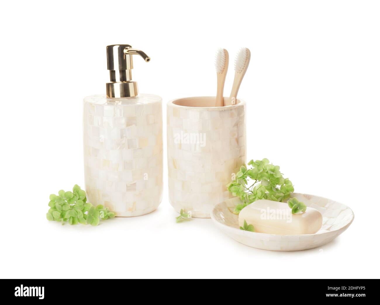 Bath accessories on white background Stock Photo - Alamy