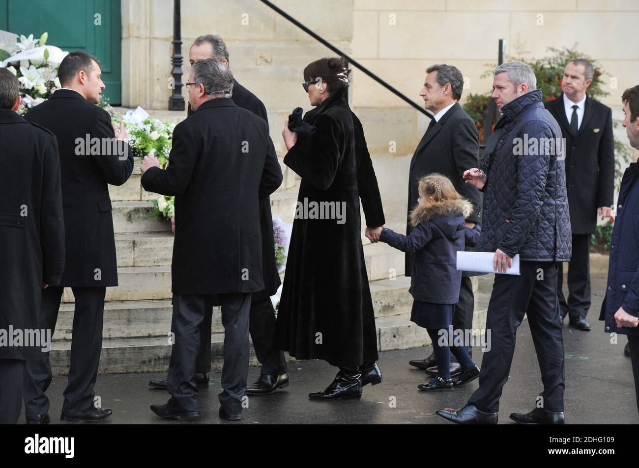 Nicolas Sarkozy, his wife Carla Bruni-Sarkozy and their daughter Giulia attending the funeral of Andree Sarkozy aka Dadue, mother of Former French President Nicolas Sarkozy, at Saint-Jean-Baptiste church in Neuilly-Sur-Seine, France on December 18, 2017. Photo by ABACAPRESS.COM Stock Photo