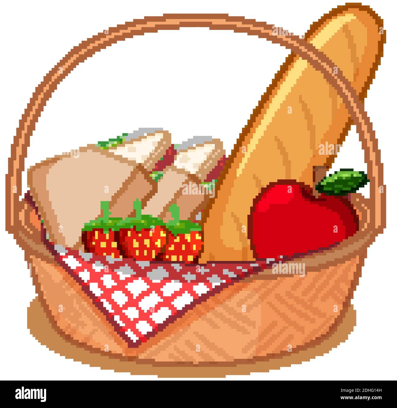 Basket with many foods for picnic isolated on white background ...