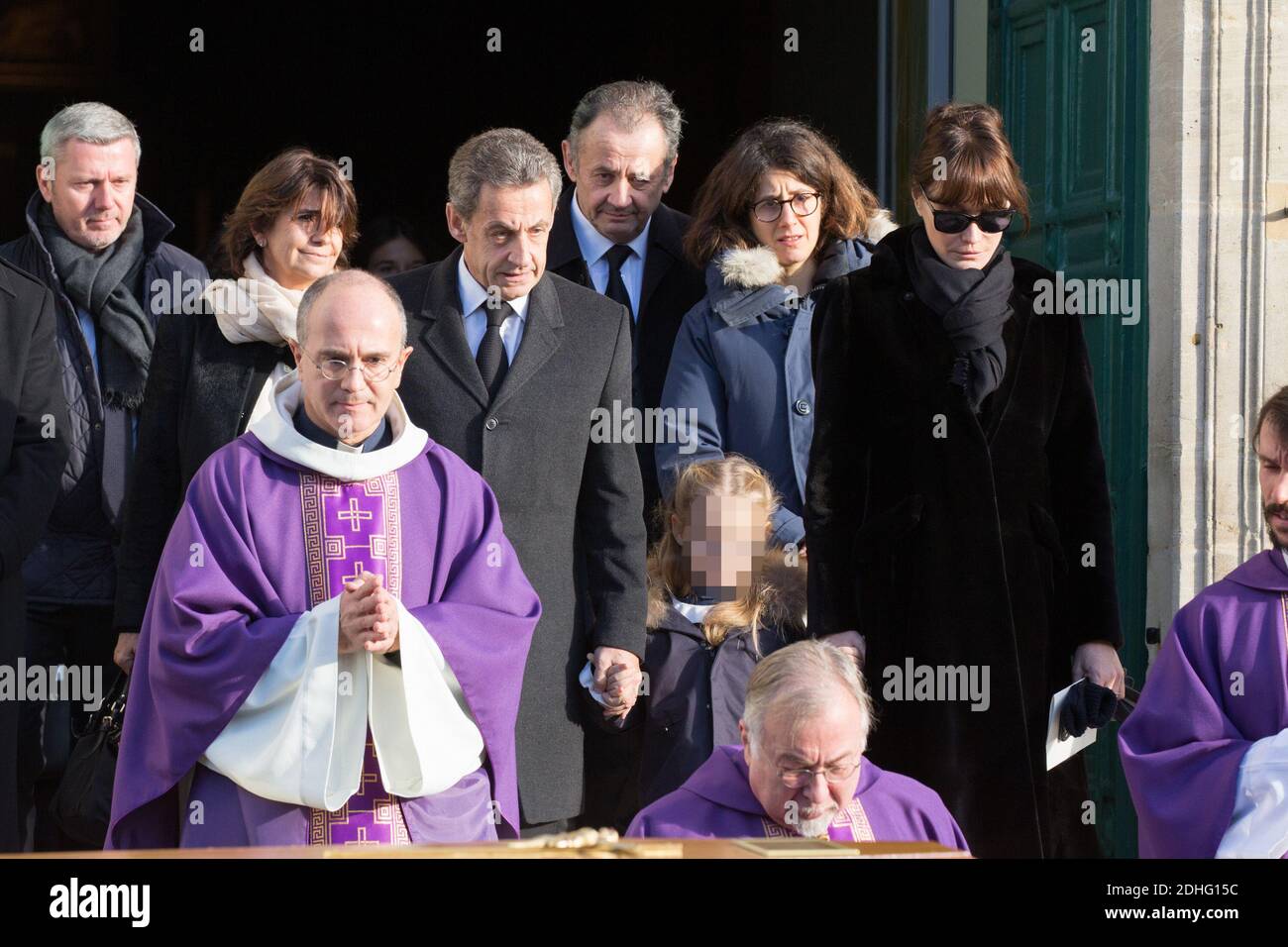 Nicolas Sarkozy, his wife Carla Bruni-Sarkozy and their daughter during the funeral of Andree Sarkozy aka Dadue, mother of Former French President Nicolas Sarkozy, at Saint-Jean-Baptiste church in Neuilly-Sur-Seine, France on December 18, 2017. Photo by ABACAPRESS.COM Stock Photo