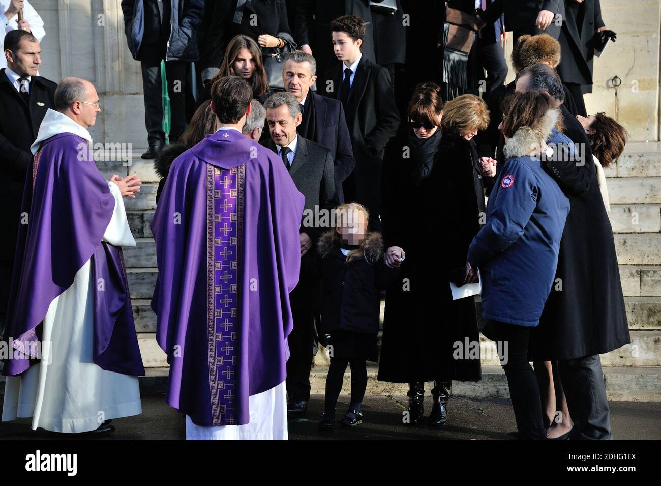 Francois Sarkozy, Nicolas Sarkozy, Carla Bruni-Sarkozy and their daughter during the funeral of Andree Sarkozy aka Dadue, mother of Former French President Nicolas Sarkozy, at Saint-Jean-Baptiste church in Neuilly-Sur-Seine, France on December 18, 2017. Photo by ABACAPRESS.COM Stock Photo