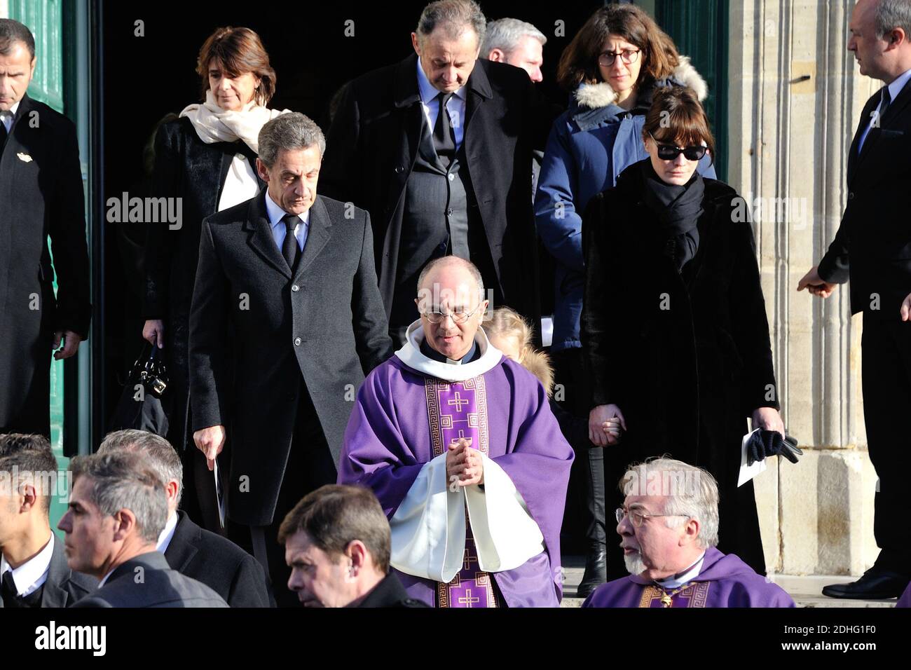 Francois Sarkozy, Nicolas Sarkozy, Carla Bruni-Sarkozy and their daughter during the funeral of Andree Sarkozy aka Dadue, mother of Former French President Nicolas Sarkozy, at Saint-Jean-Baptiste church in Neuilly-Sur-Seine, France on December 18, 2017. Photo by ABACAPRESS.COM Stock Photo