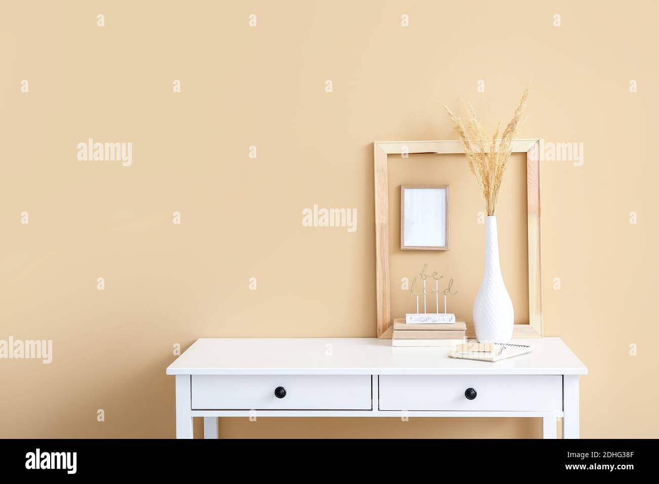 Stylish Workplace With Blank Frames Near Color Wall Stock Photo Alamy stylish-workplace-with-blank-frames-near-color-wall-stock-photo-alamy