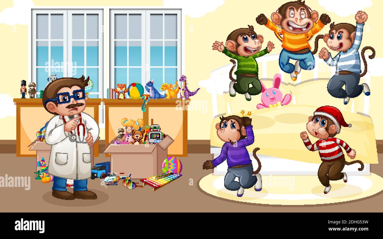Five Little Monkeys Jumping On The Bed With A Doctor Illustration Stock