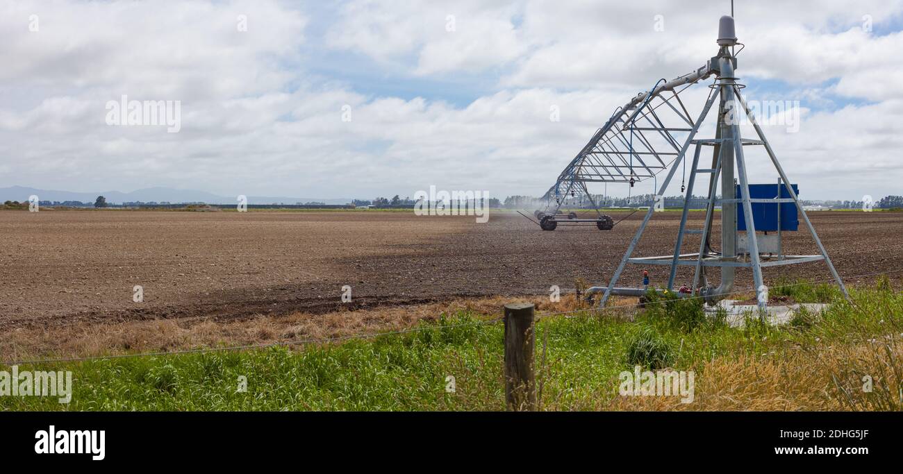 Centre-pivot Irrigation: Irrigated Farmland, North Canterbury, South Island New Zealand. Stock Photo